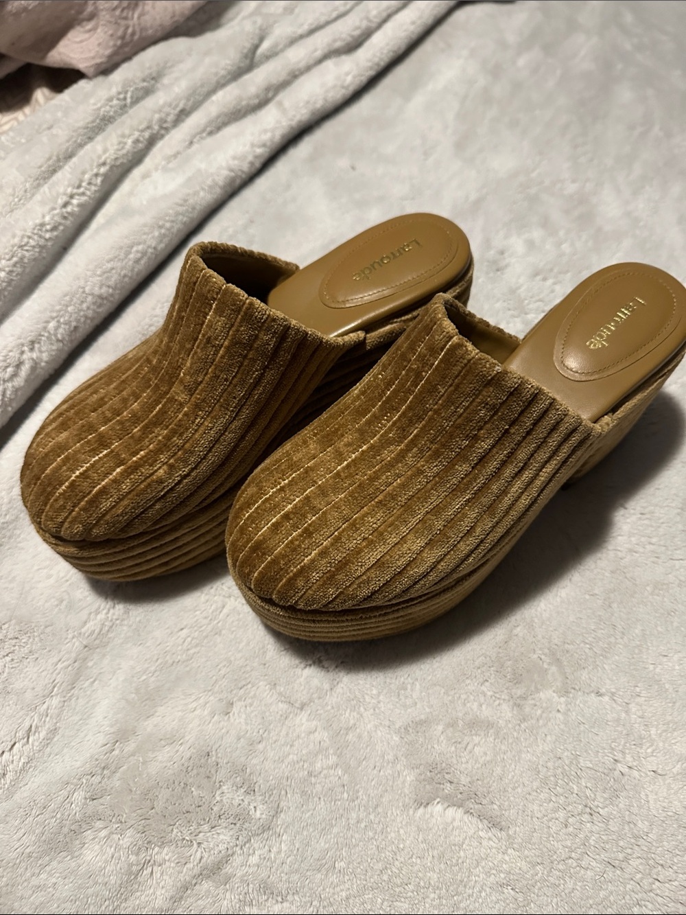 Larroude Ribbed Corduroy Platform Mules in Tan
